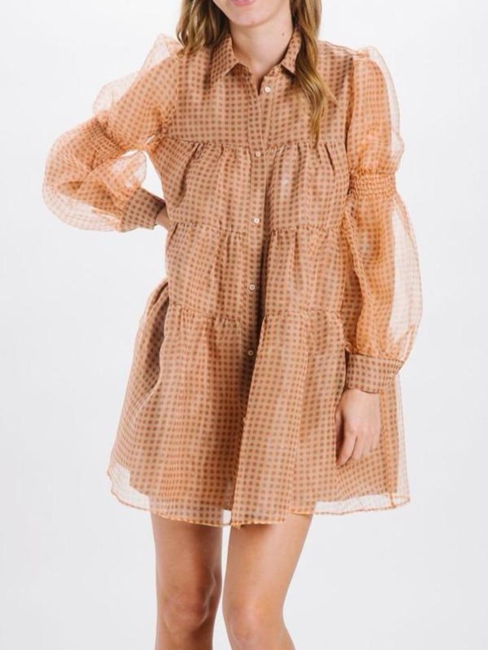 En Saison Tan Organza Check Print Tiered Puff Sleeve Button Front Mini Dress XS